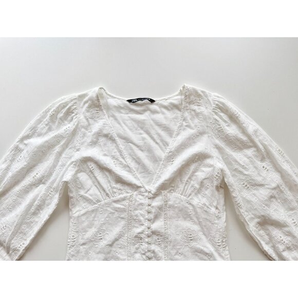 ZARA White Cotton Embroidered Eyelet Long Sleeve Button Front Mini Dress, Size M - Picture 7 of 16